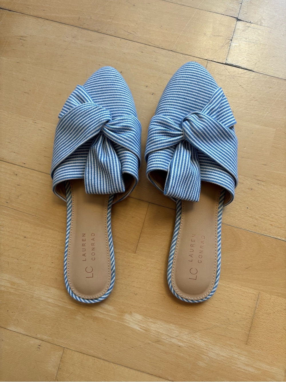 LC Lauren Conrad Blue & White Striped Knot Slip-On Mules